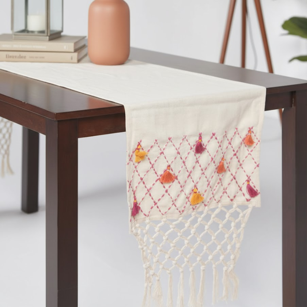 Handwoven Tassels & Net Design Cotton Table Runner