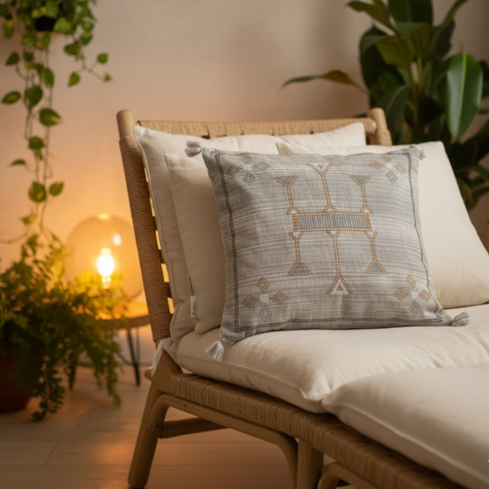 Embroidered & Tasseled Cotton Cushion Cover – Handwoven Artisan Cushion Cover with Vintage Embroidery & Tassels