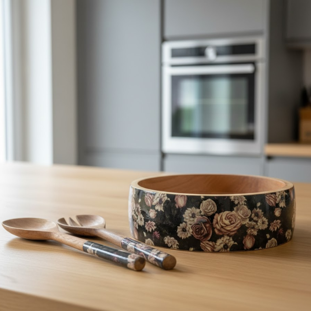 Vintage Rose Salad Bowl with Servers set – Hand-Carved