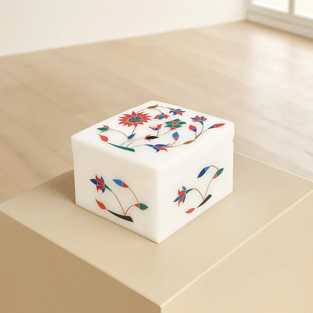 Inlaid Semi-Precious Stone & Marble Square Jewelry Box