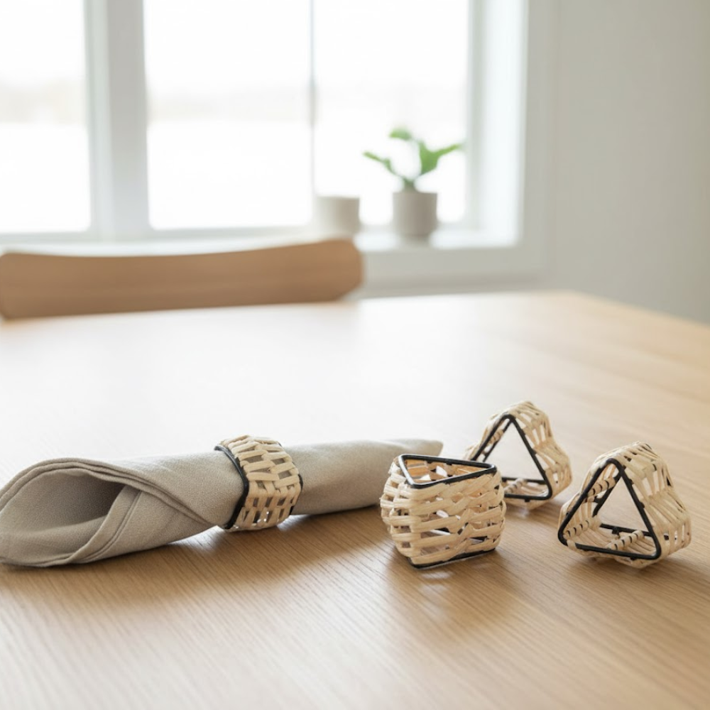 Handmade Cane & Iron Triangular Napkin Ring (Small- Set of 4)