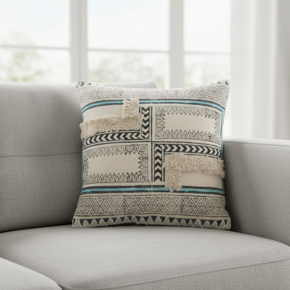 Block Printed Cotton Cushion Cover – Geometric Design