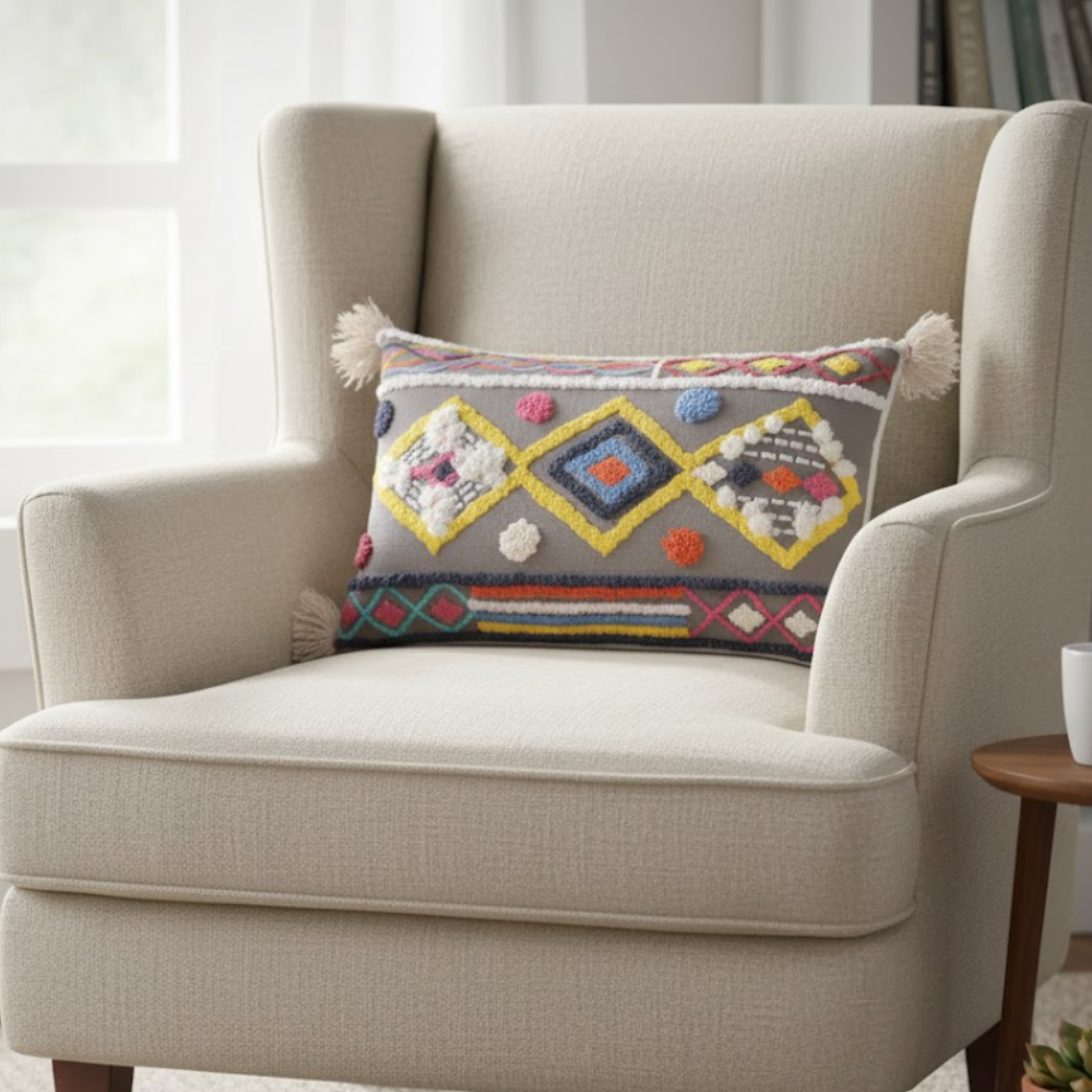 Diamond Embroidered Eclectic Tasseled Lumbar Cotton Cushion Cover online 