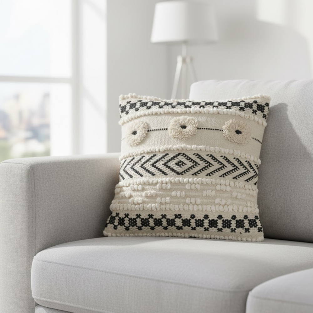 Geometric Monotone Cotton Cushion Cover – Handwoven Artisan Sofa Cushion Cover