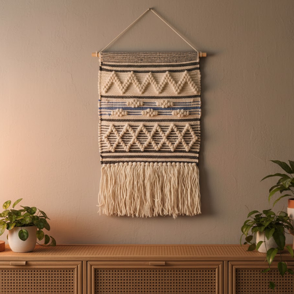 Geometric Wool and Cotton Wall Hanging | Handwoven Fringe Boho Decor