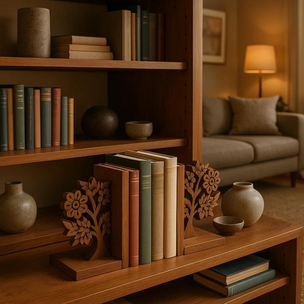 Hand Carved Solid Wood Tree Bookends (Set of 2) – Rustic Artisan Wooden Bookends with Tree Motif