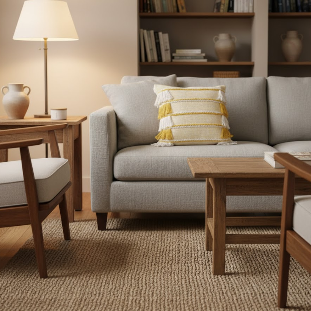 Woven Fringed Cotton Cushion Cover – Handwoven Yellow Sofa Cushion Cover with Concealed Zip