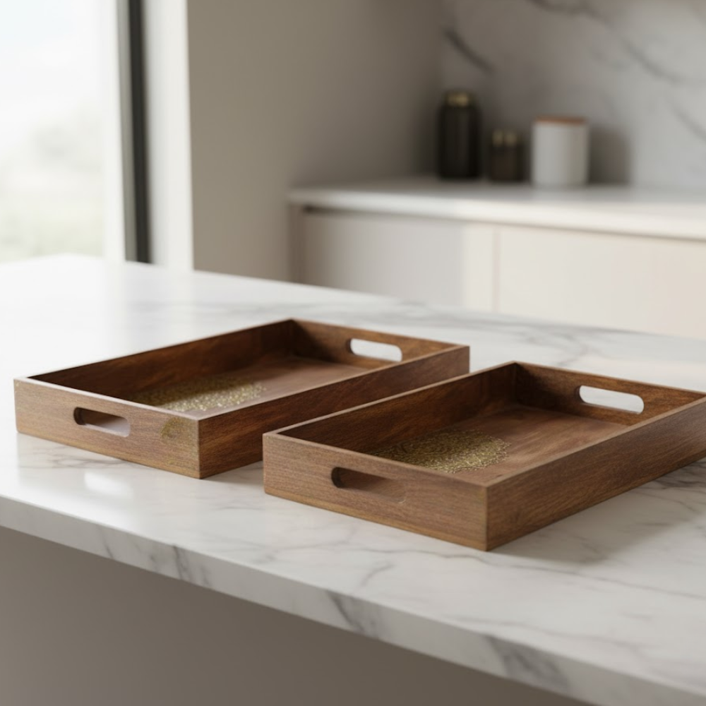 Wooden Serving Trays (Set of 2) – Handcrafted Solid Wood Kitchen & Dining Platters