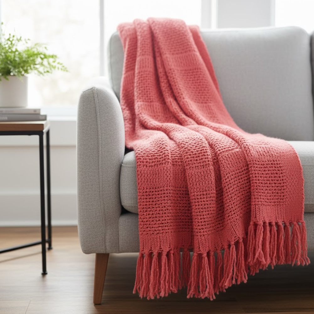 Knitted Coral Red Tasseled Throw – Handwoven Cotton Blanket with Vibrant Color & Tassel Detailing