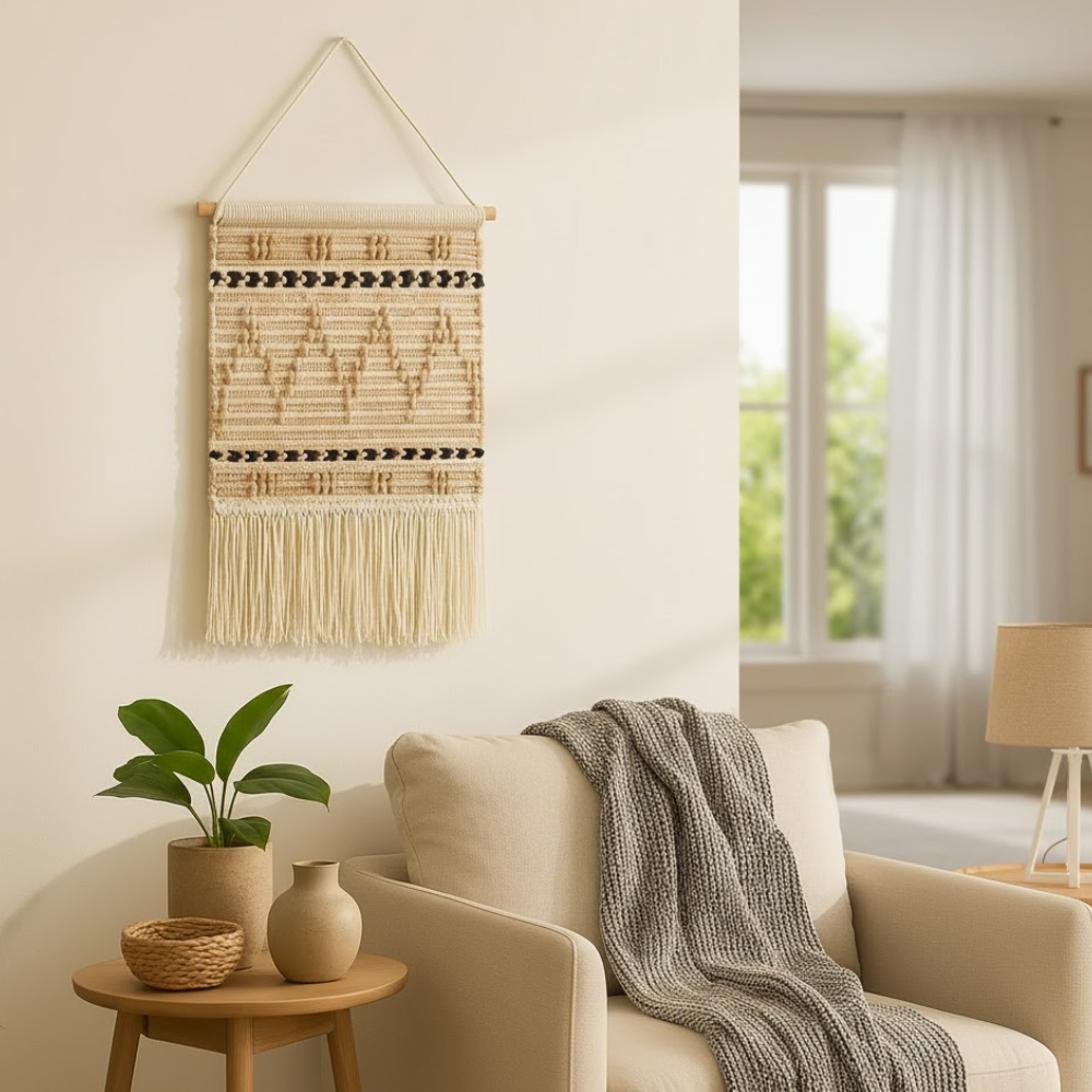 Sandy Chevron Boho Wall Hanging – Handwoven Wool & Cotton Decorative Wall Hanging