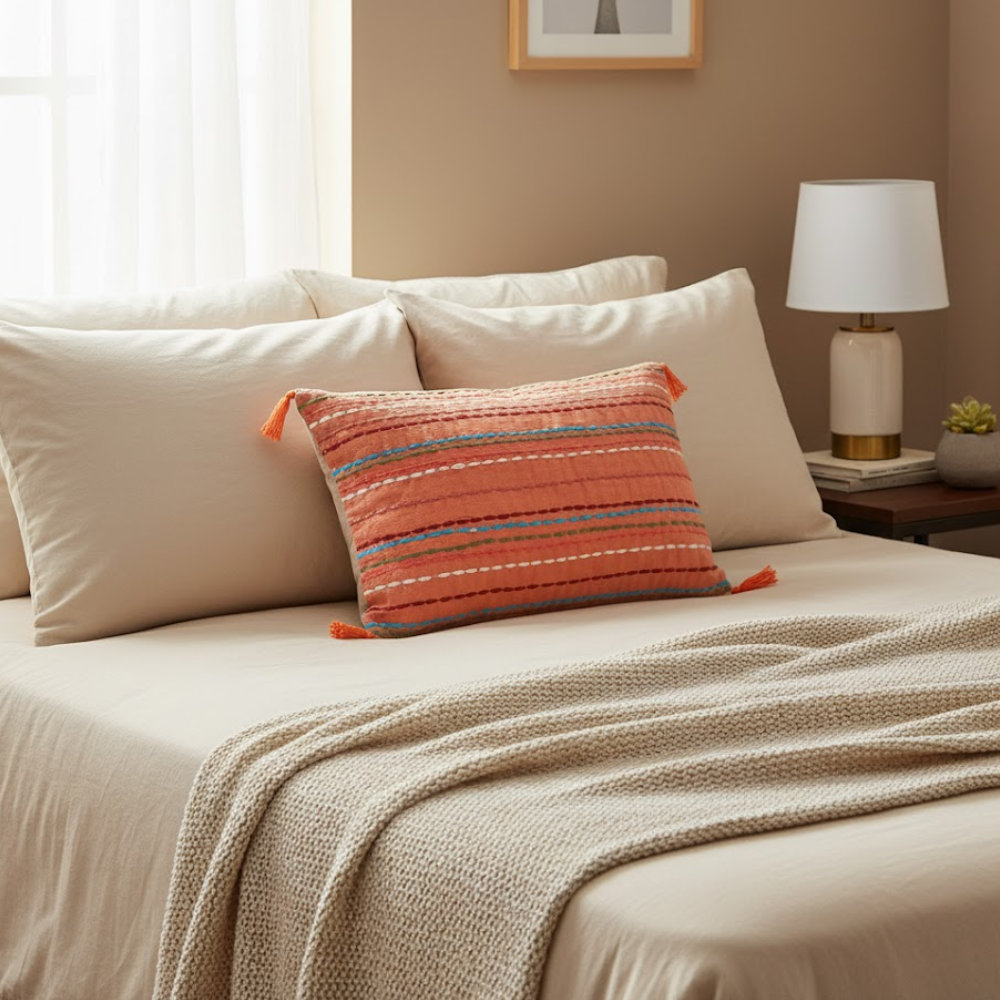 Striped & Tasseled Slub Coral Lumbar Cotton Cushion Cover – Hand-Embroidered Sofa Cushion Cover