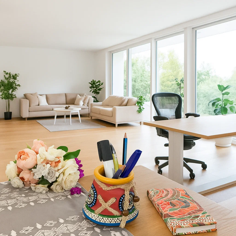 Hand Painted Clay Tribal Pen Stand – Artisan Clay Desk Organizer with Folk Art Motifs & Jute Rope Detailing