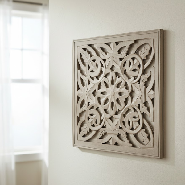 Taupe Wall Medallion | Distressed MDF Carved Boho Decor