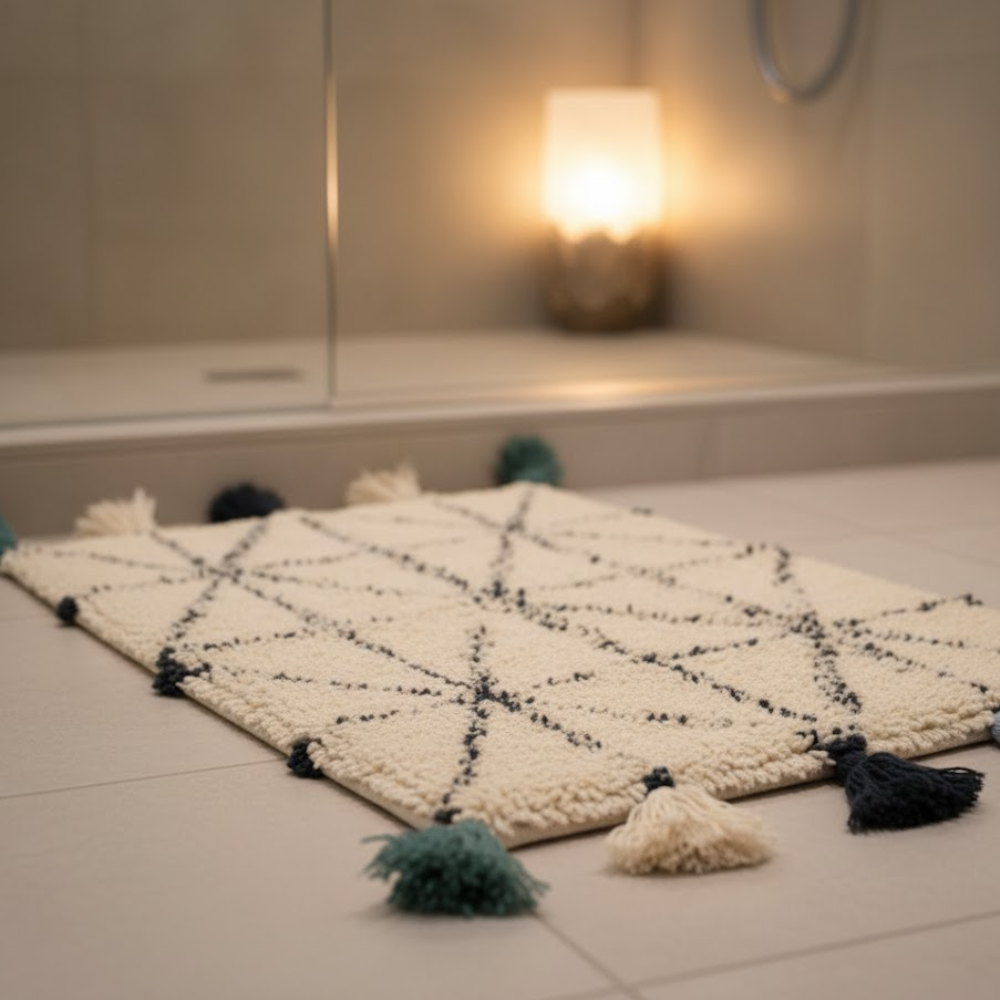 Tufted & Tasseled Geometric Cotton Bath Mat – Handwoven