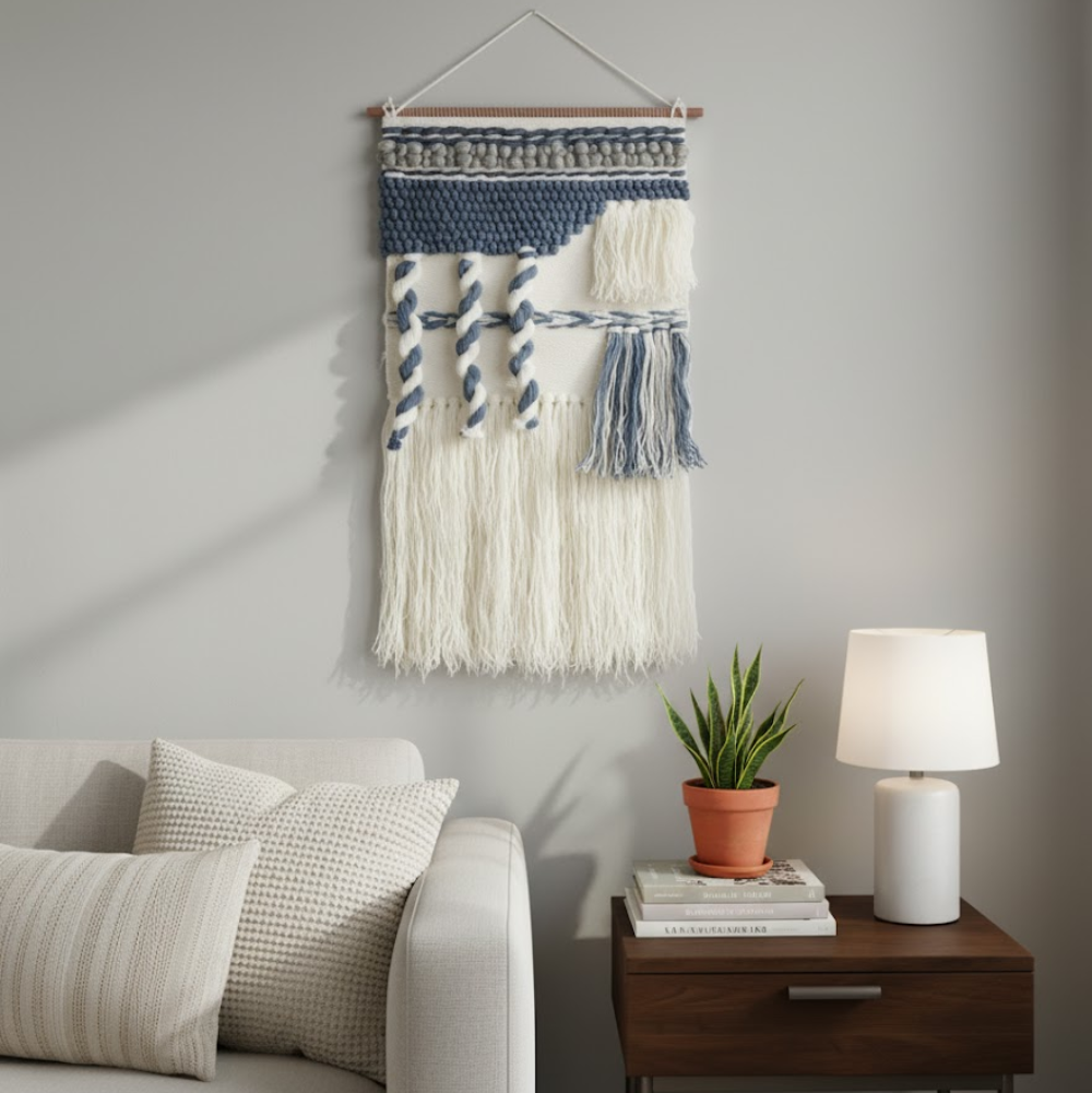 Handwoven Tufted Abstract Fringed Wool Wall Hanging