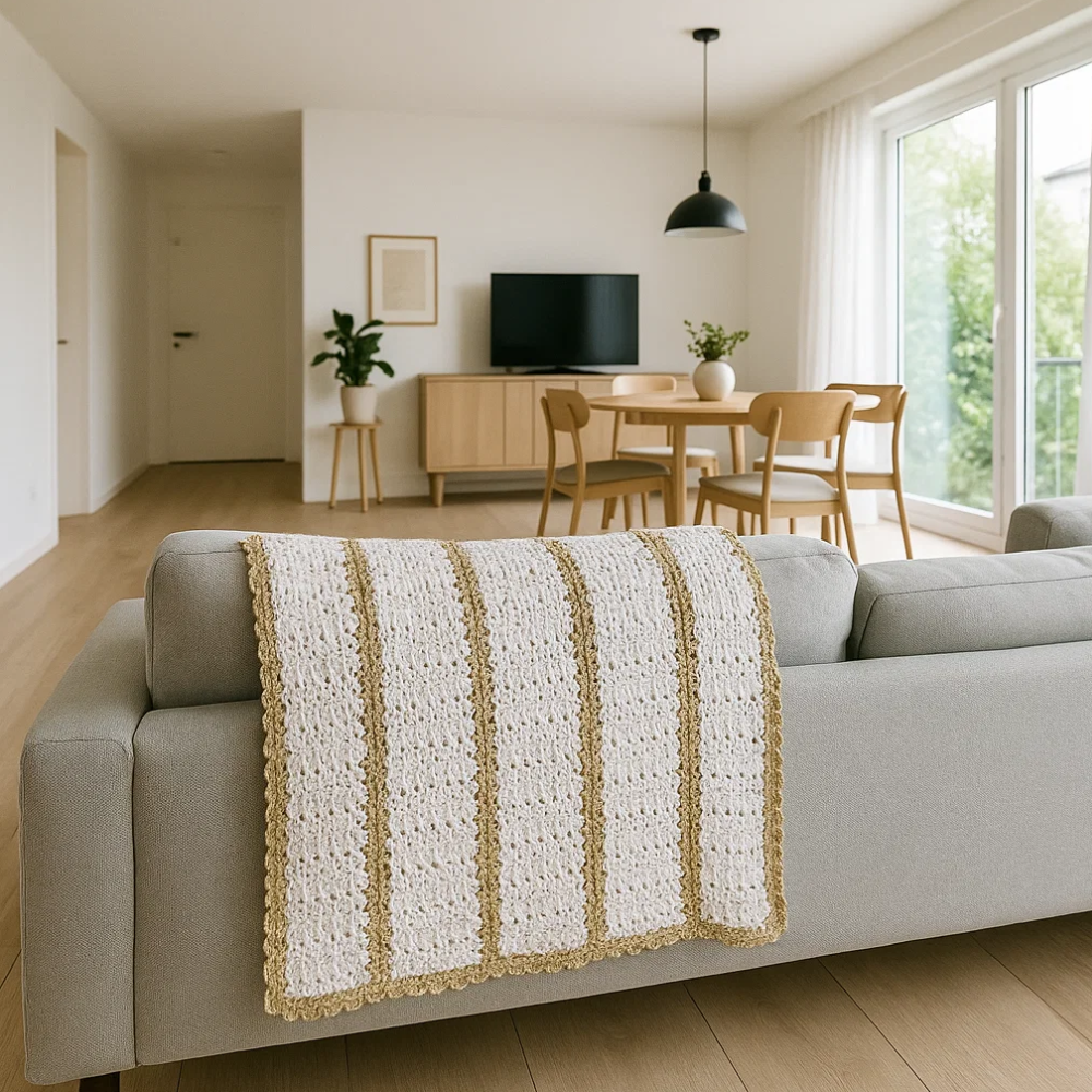 Striped Crochet Throw – Handmade White Cotton Comfort