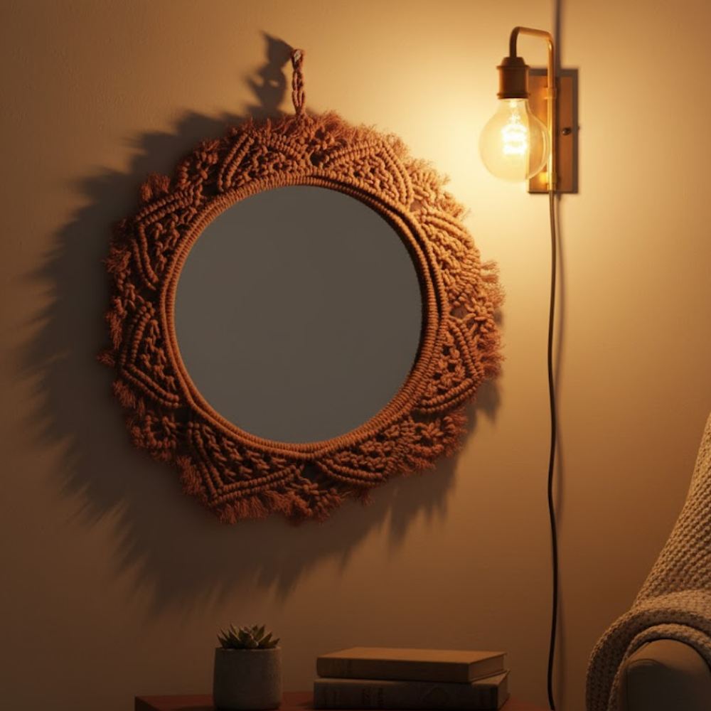 Hand Knotted Terra Brown Macrame Wall Mirror