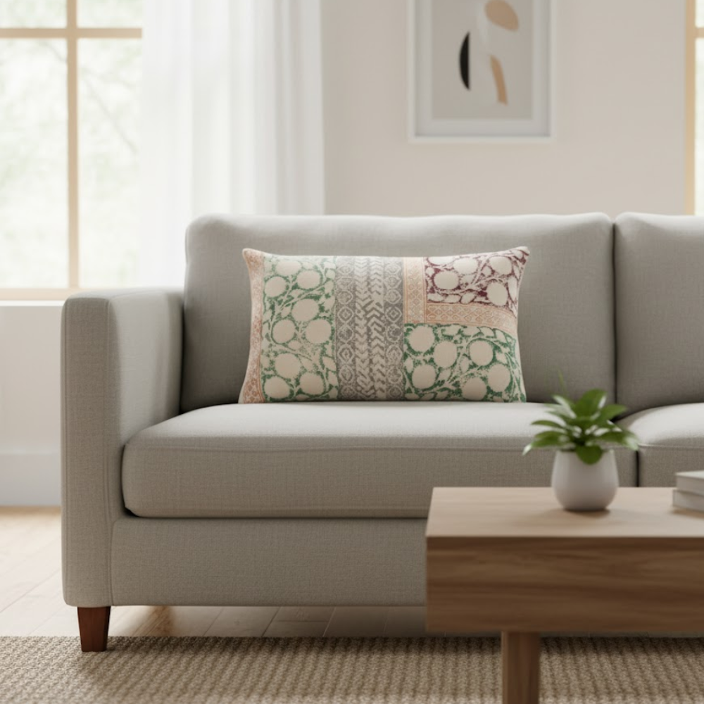 Block Printed Cotton Geometric Botanical Lumbar Cushion Cover – Handcrafted Cotton Cushion Cover with Embroidery