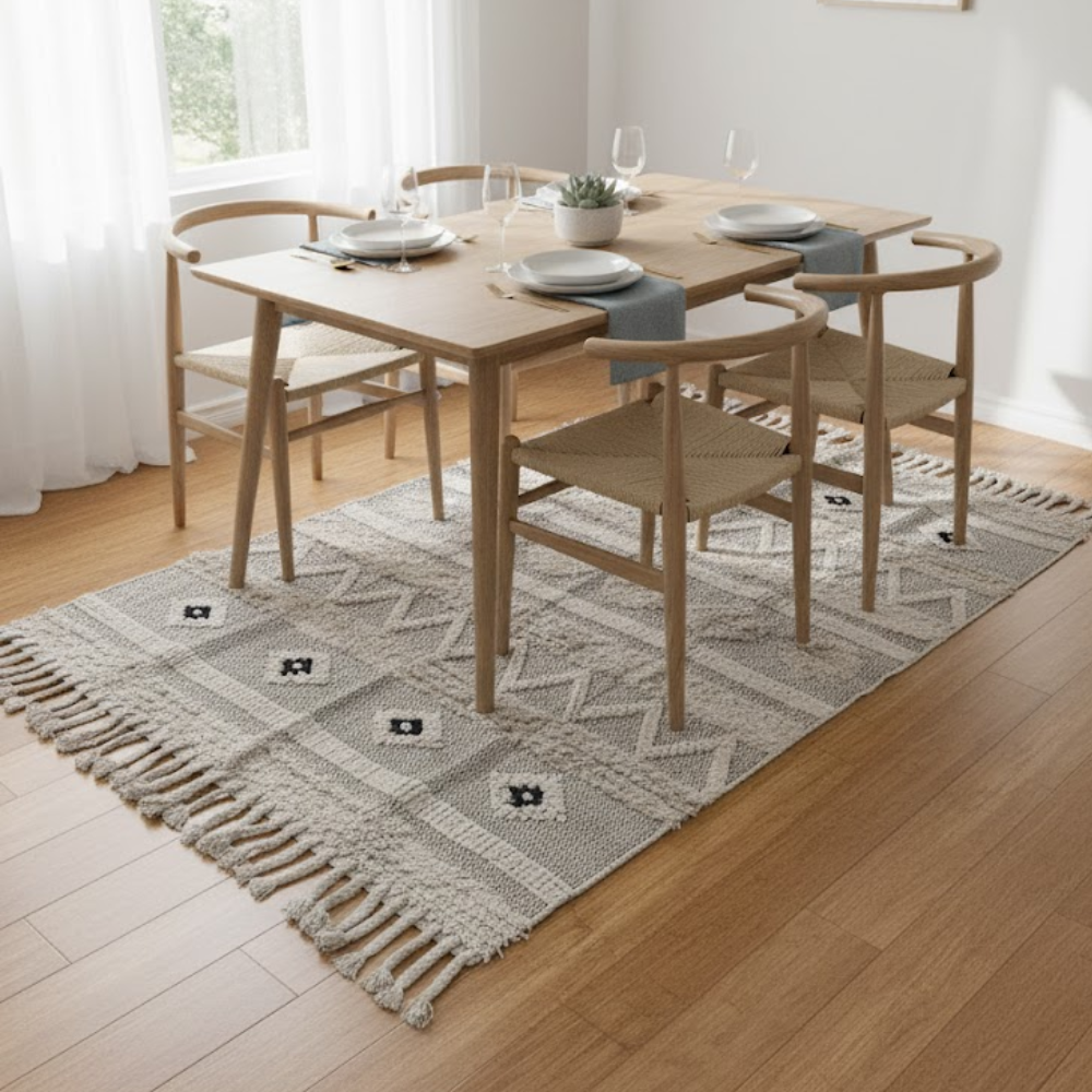 Textured Rug with Panels & Braided Tassels – Handwoven Cotton Rug