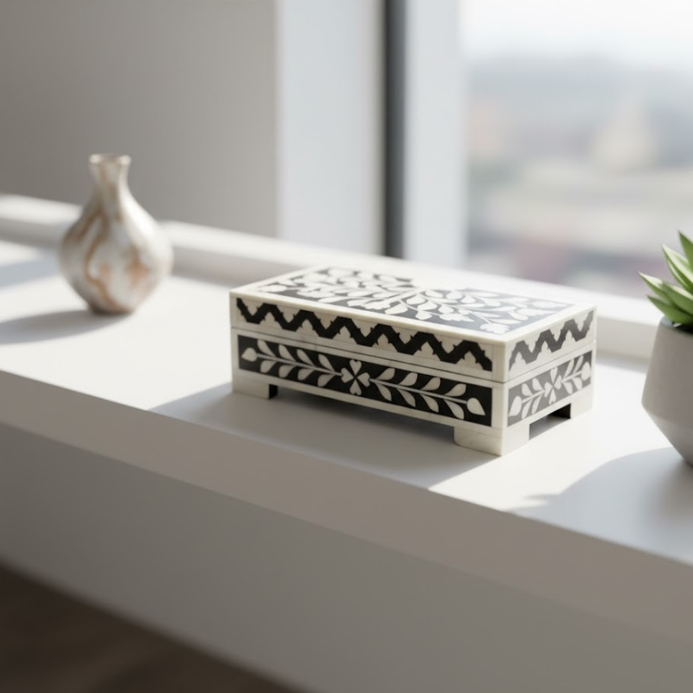Inlay Work Monochrome Jewelry Box – Handcrafted Artisan Jewelry Storage