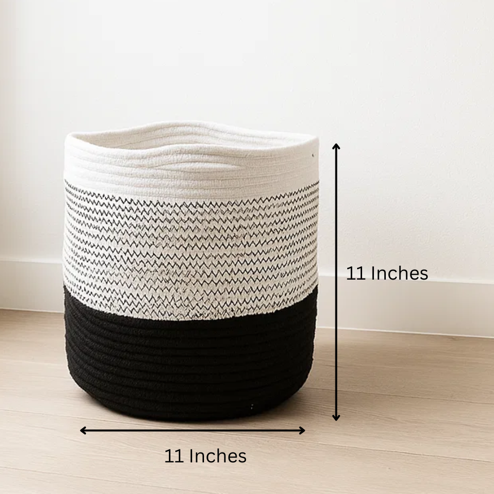 Handwoven Cotton Monochrome Zigzag Basket – Artisan Cotton Storage Basket with Black & White Pattern