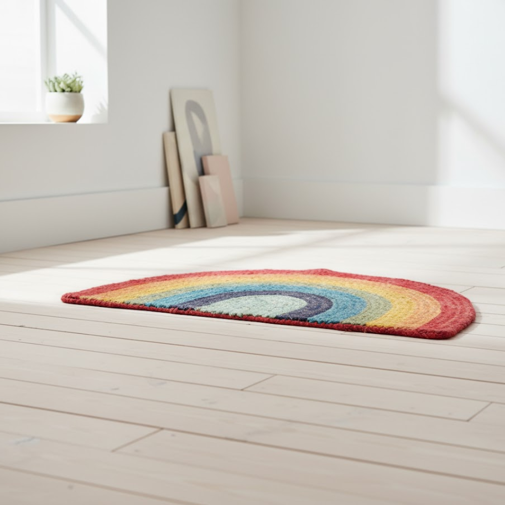 Braided Jute Rainbow Mat – Eco-Friendly Hand-Braided Door Mat in Natural Jute with Rainbow Accents