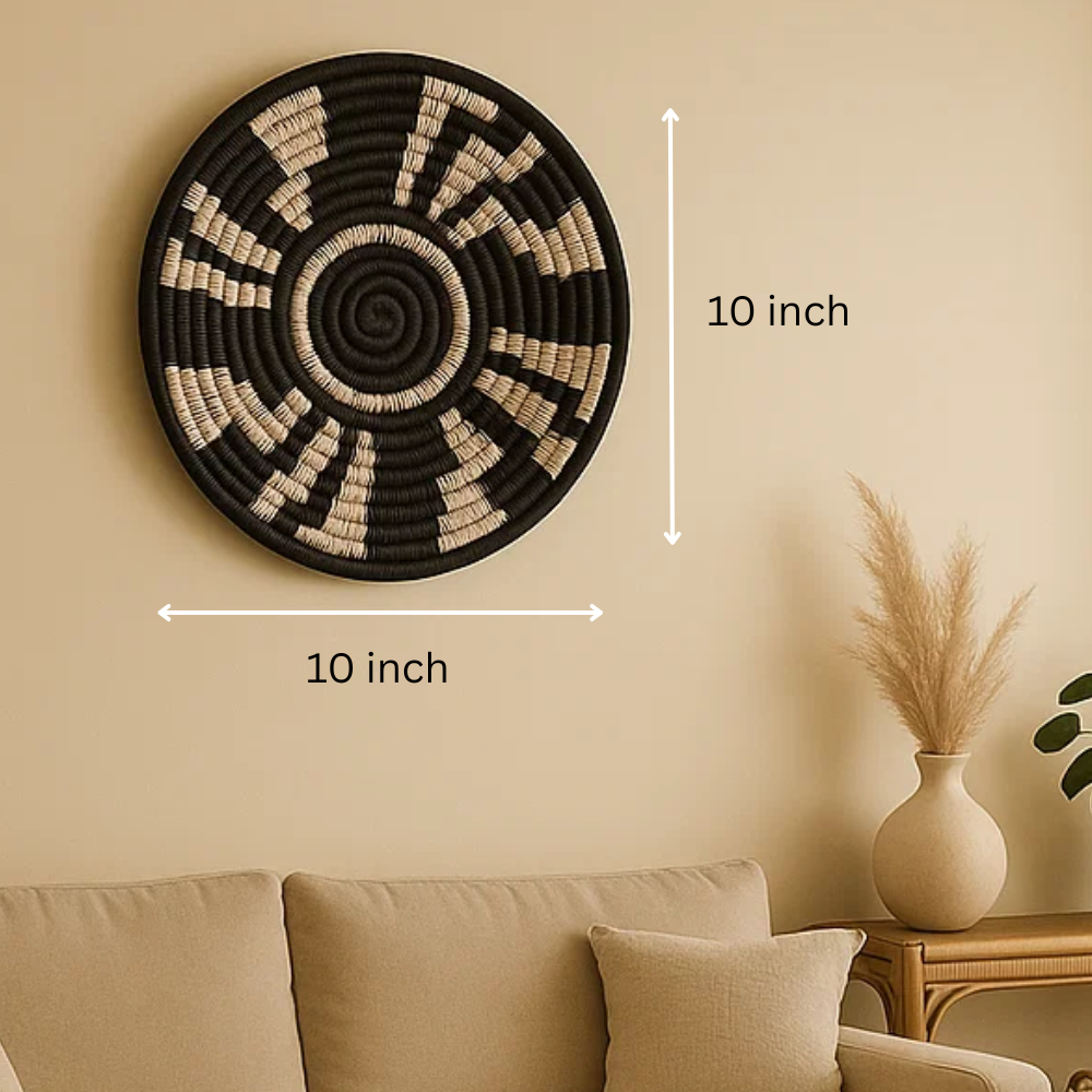 Monochrome Tribal Wall Plate – Handwoven Boho Wall Décor in Black & White