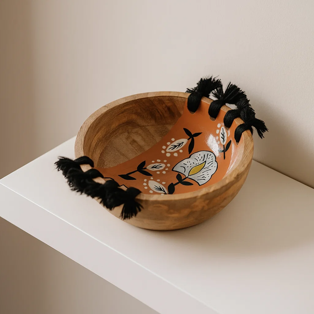 Enamelled Floral Tasseled Wooden Serving Bowl