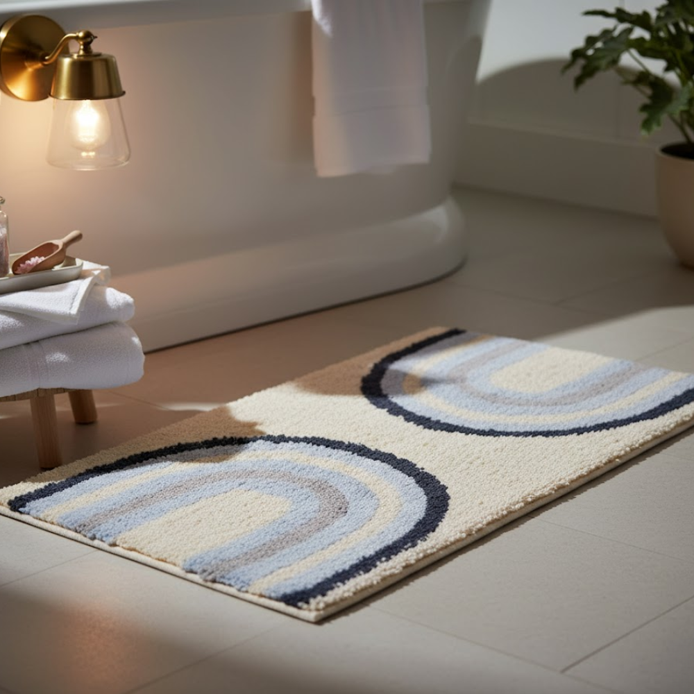 Tufted Blue Breeze Cotton Bath Mat – Handwoven & Hand Bathroom Rug