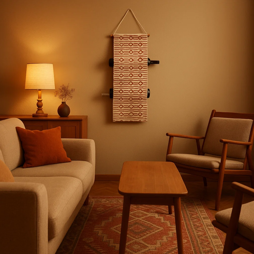 Rusty Orange Printed Wall Mountable Wine Rack – Hand Block Printed Cotton & Wood Wine Holder