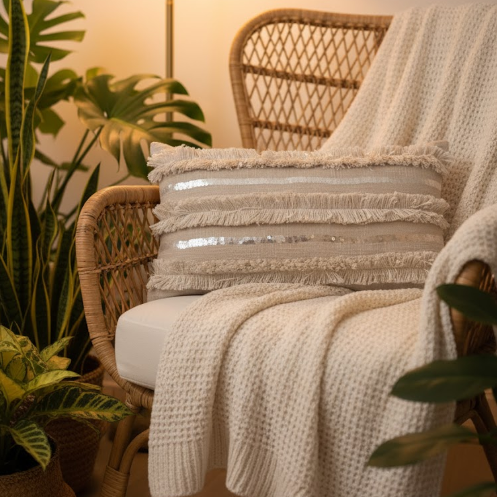 Sequinned & Fringed Lumbar Cushion Cover – for Cozy Spaces