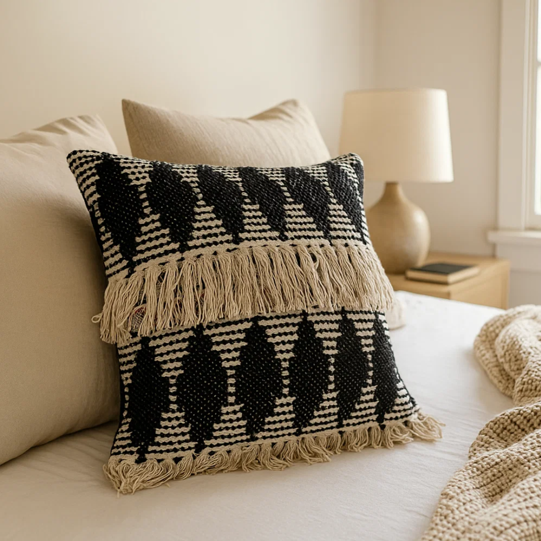 Textured Cotton Cushion Cover with Tassels