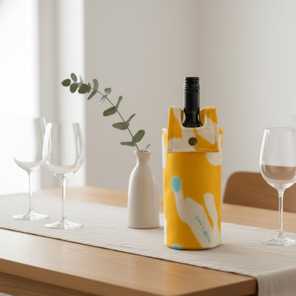 Yellow Wine Bag | Abstract Fabric Bottle Bag with Button Closure