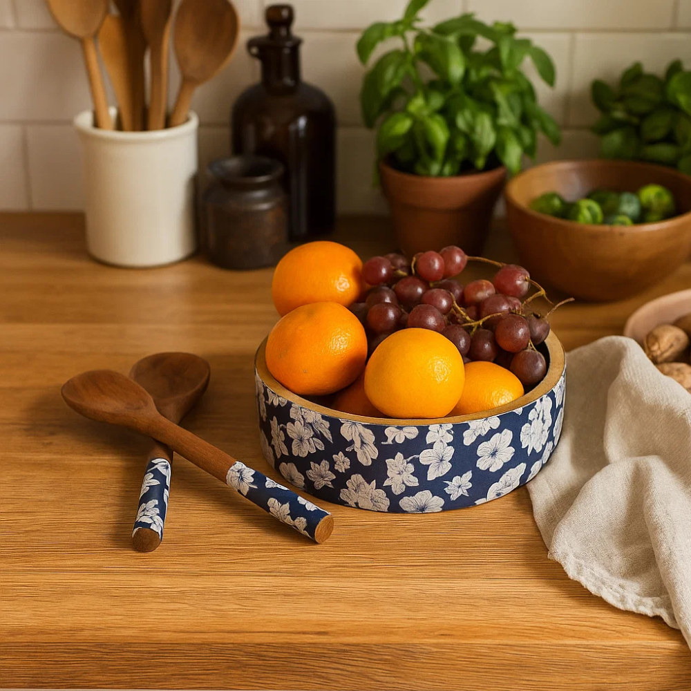 Hibiscus Enamelled Bowl & Servers Set – Handcrafted Mango Wood Salad Bowl with Serving Spoons