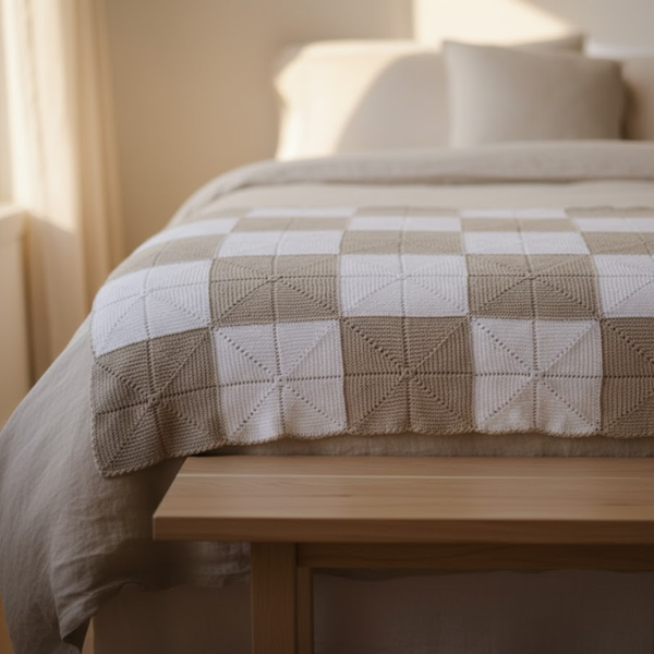 Crochet Throw Blanket | Chess Squares Cotton Boho Decor