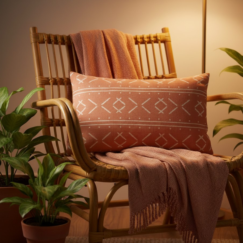 Tribal Monochrome Cotton Lumbar Cushion Cover – Hand Block Printed Sofa Cushion Cover with Tassels