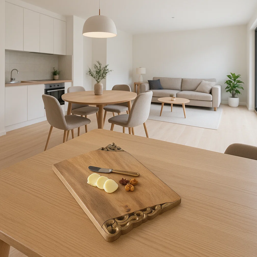 Hand Carved Golden Border Chopping Board – Artisan Wooden Kitchen Board with Decorative Gold Detailing