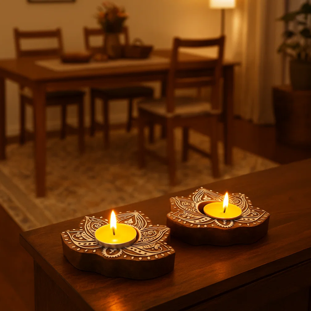 Hand Carved Wooden Lotus Tealight Holders (Set of 2) – Artisan Wooden Candle Holders with Tribal-Inspired Lotus Design