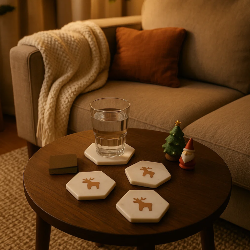 Reindeer Inlaid Marble Coasters (Set of 4) – Handcrafted White Marble Drink Coasters with Wooden Inlay