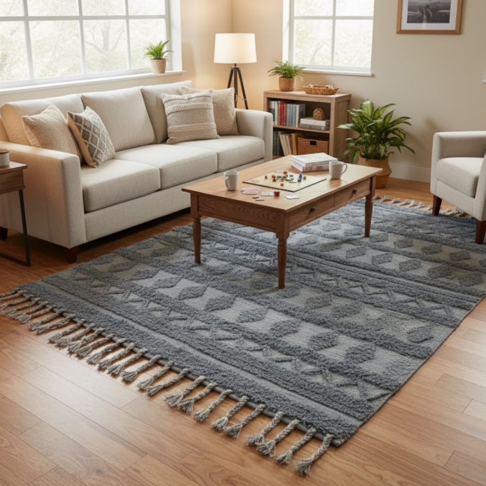 Tufted Ash Grey Tasseled Rug – Hand-Tufted Cotton Rug with Tassels