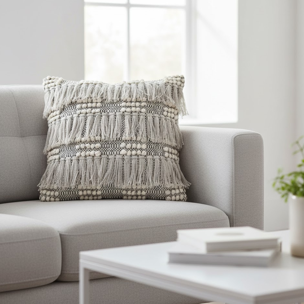 Tufted & Fringed Cotton Cushion Cover – Handwoven Off-White Sofa Cushion Cover with Concealed Zip