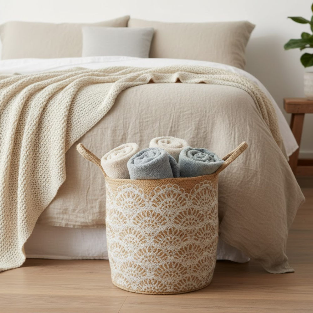 Handwoven Floral Printed Jute Basket – Eco-Friendly Artisan Jute Basket for Storage & Décor