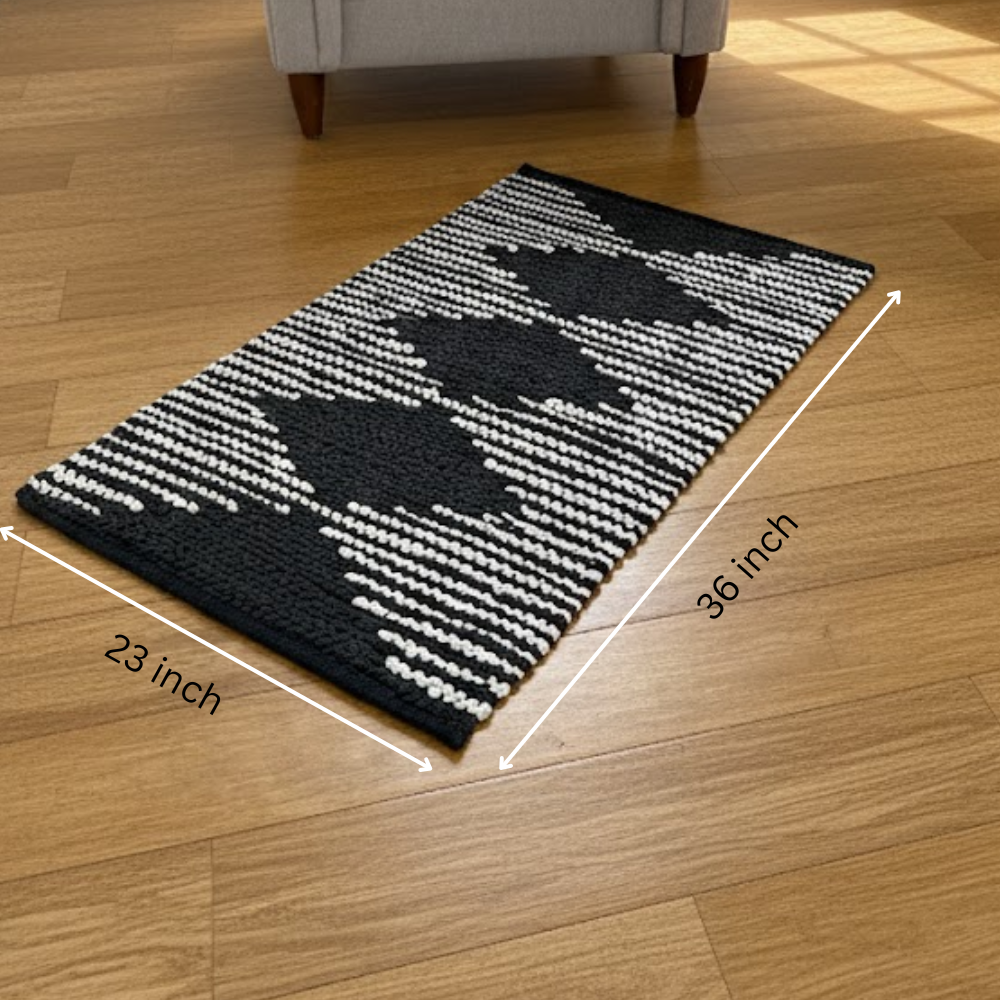Handwoven Cotton Monochrome Durry – Artisan Diamond Pattern Rug with Stripes
