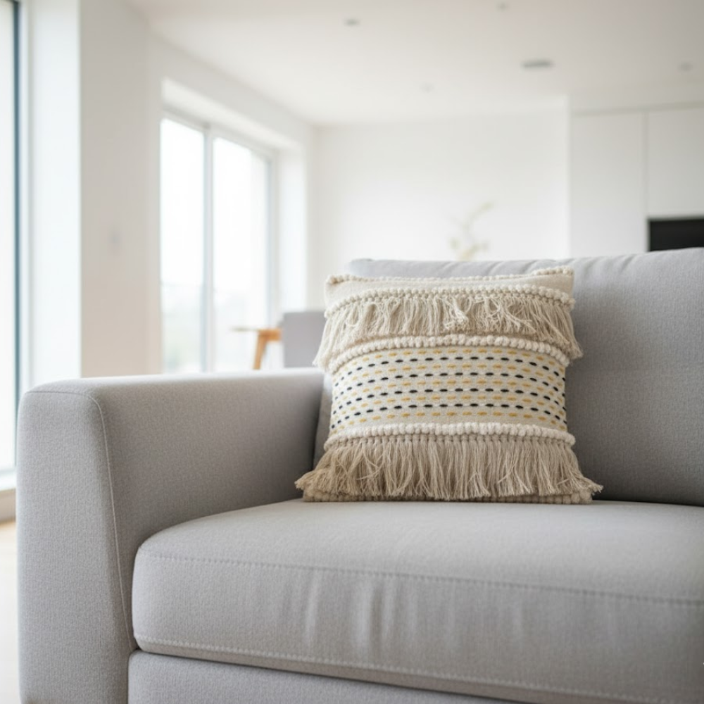 Muted Fringed Cotton Cushion Cover – Handwoven White Sofa Cushion Cover with Concealed Zip