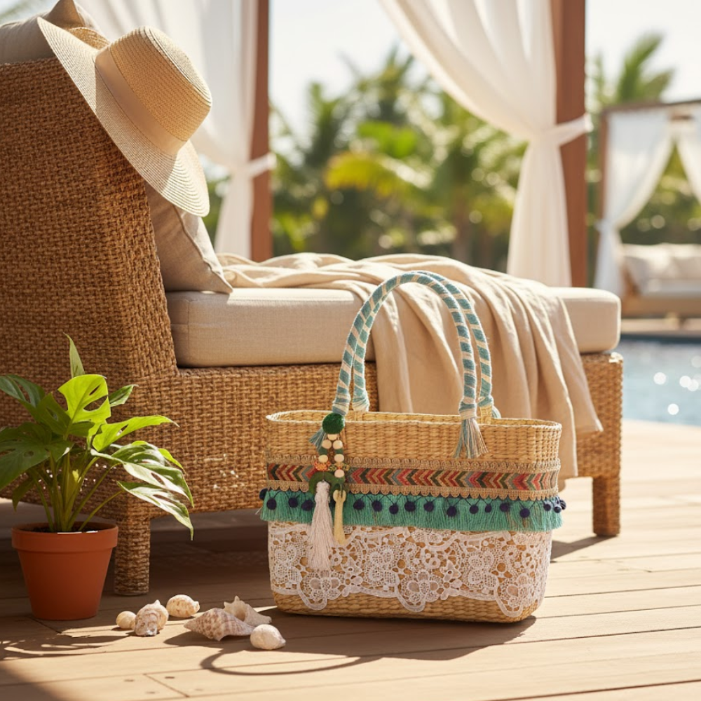 Lace Work Basket Woven Cane Turquoise Handbag – Handcrafted Eco-Friendly Cane Basket Bag