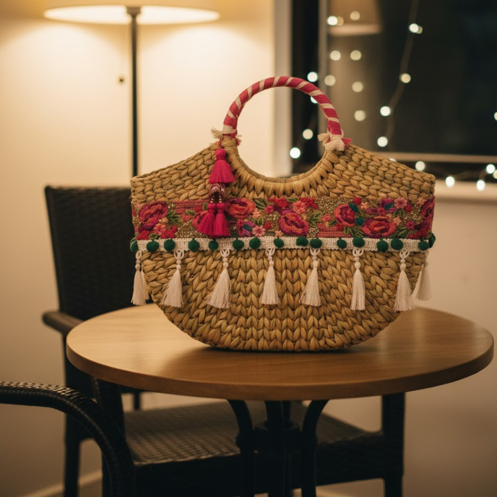 Floral Basket Woven Handbag – Cane Moon Bag for Women