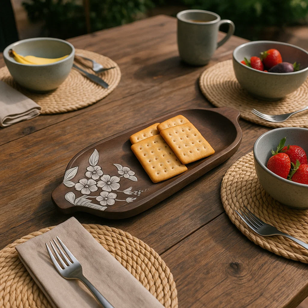 Floral Sketch Platter | Hand Painted Elongated Mango Wood