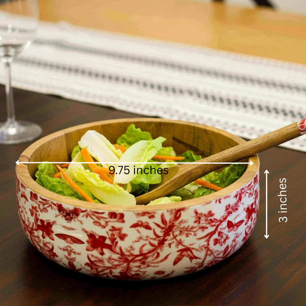 Floral Wooden Salad Bowl with Servers Set – Handcrafted