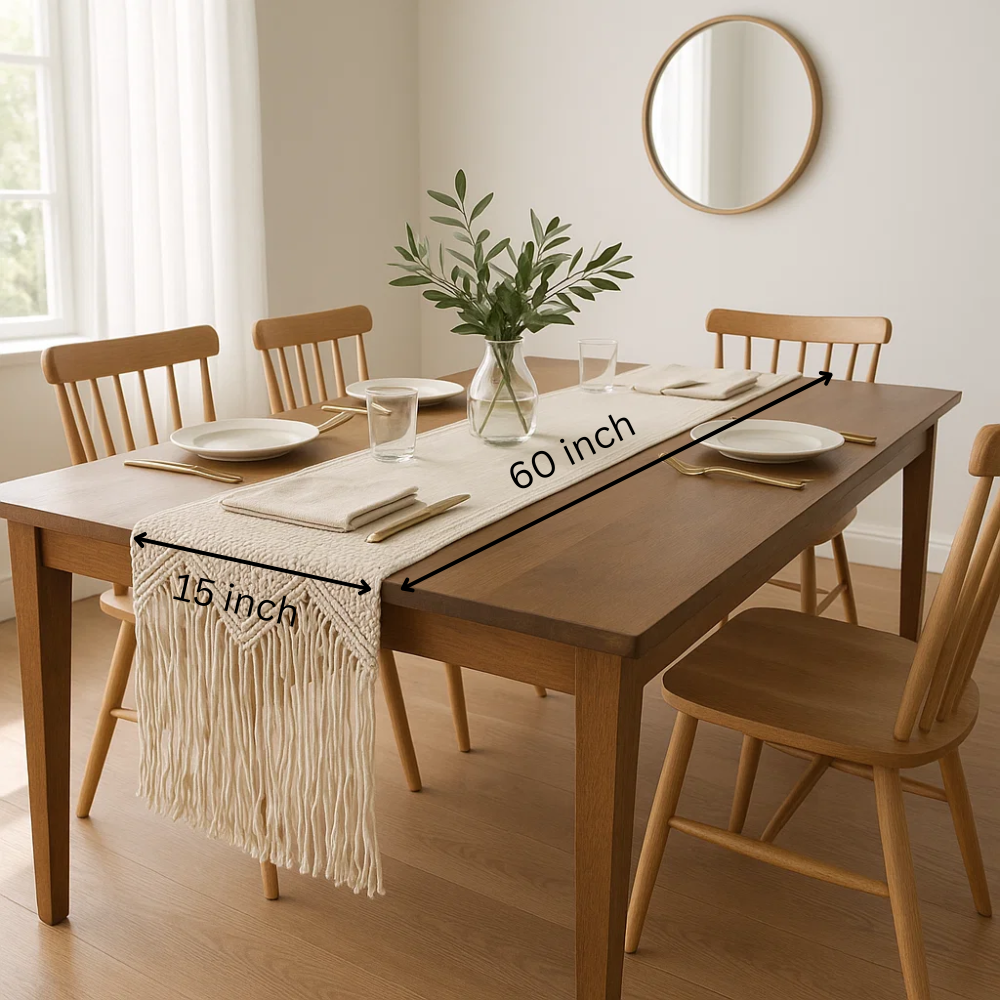 Border Macrame Fringed Off-White Table Runner