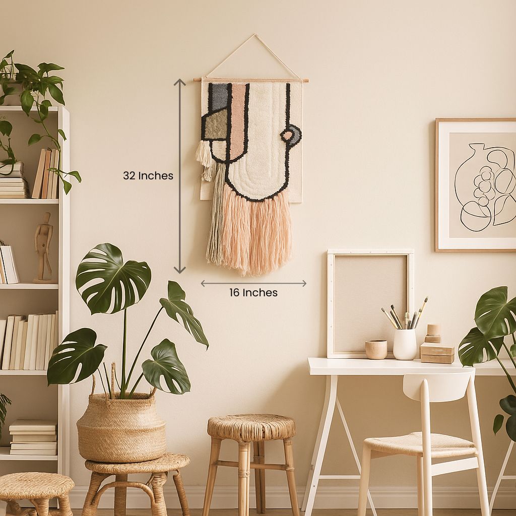 Pastel abstract wall hanging with cotton fringe – geometric boho decor for bedroom, nursery, or living room wall styling

